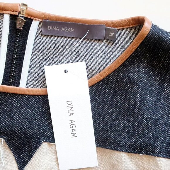 Dina Agam Anthropologie Linen Denim Lambskin Leather Crew Neck Long Sleeve Top M - Picture 9 of 12
